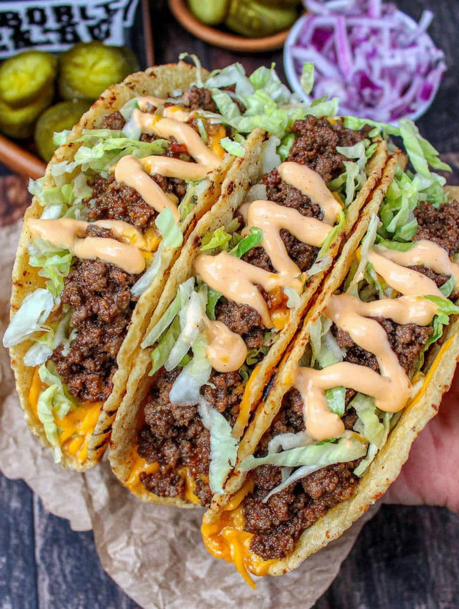 A person is holding a taco with lettuce and mayonnaise.