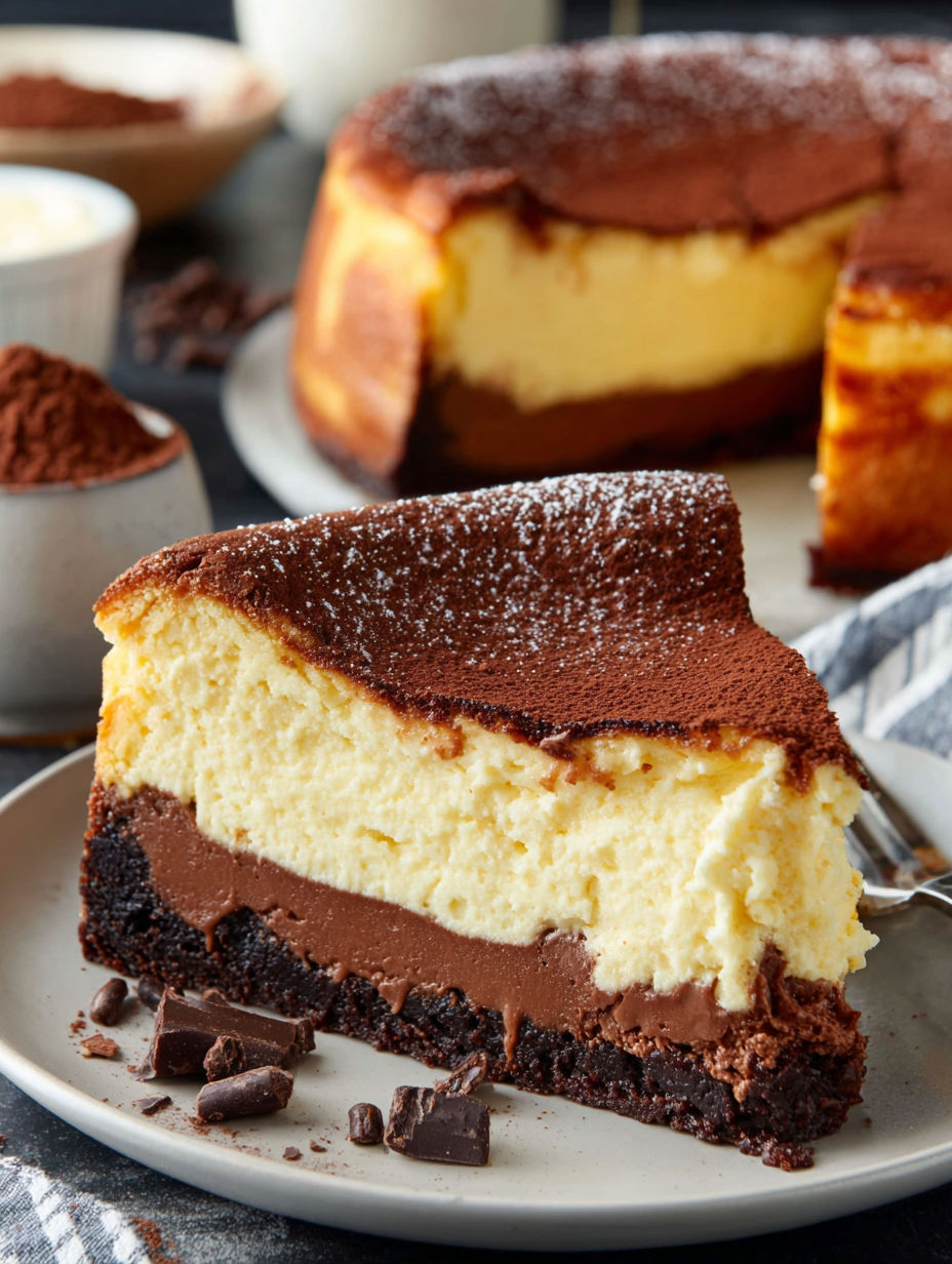A slice of chocolate basque cheesecake.