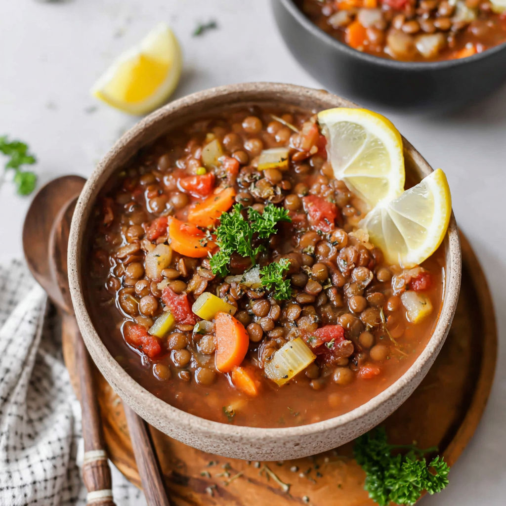 A bowl of lentil soup with a lemon wedge on top.