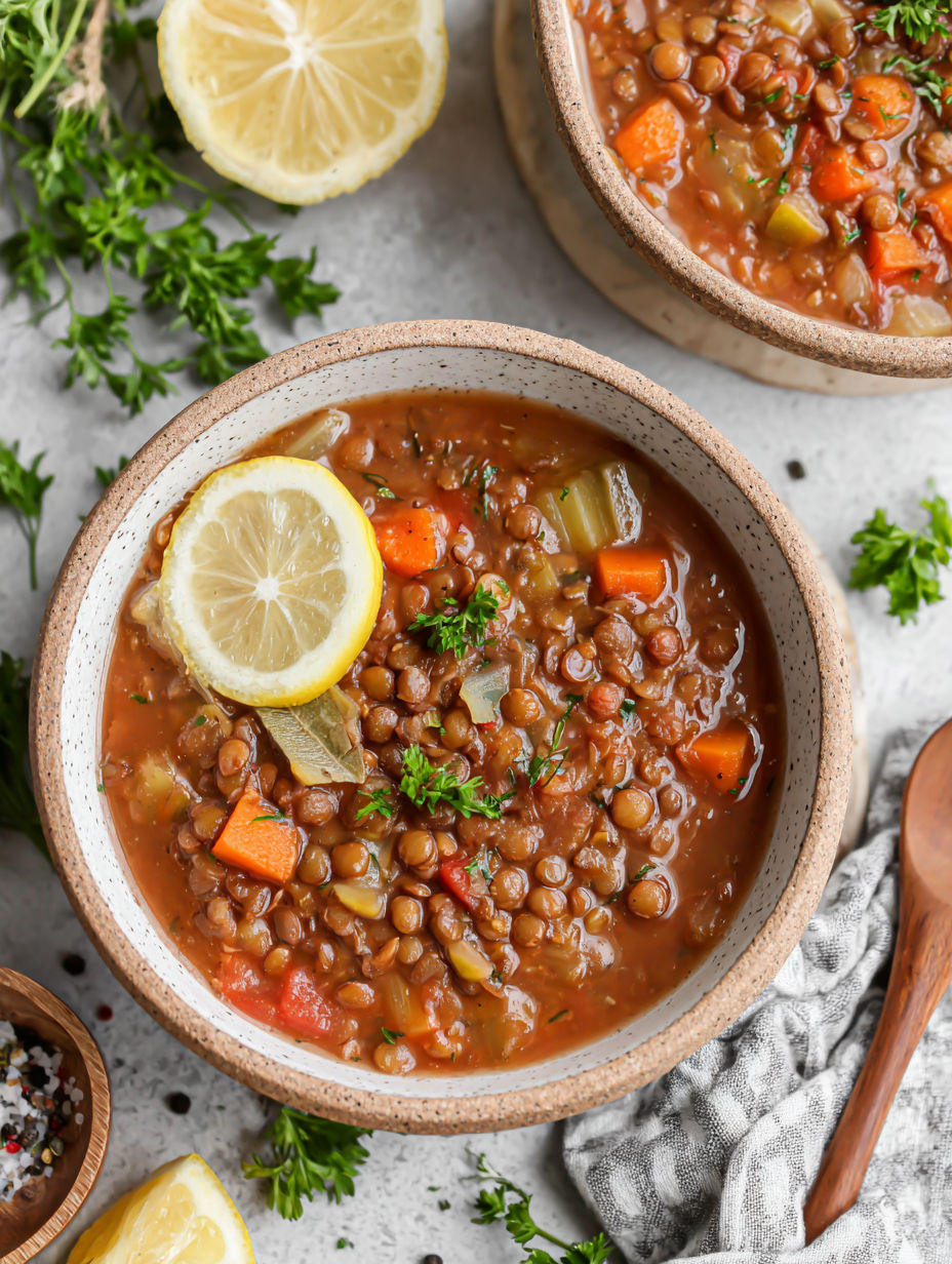 A bowl of lentil soup with a lemon wedge on top.