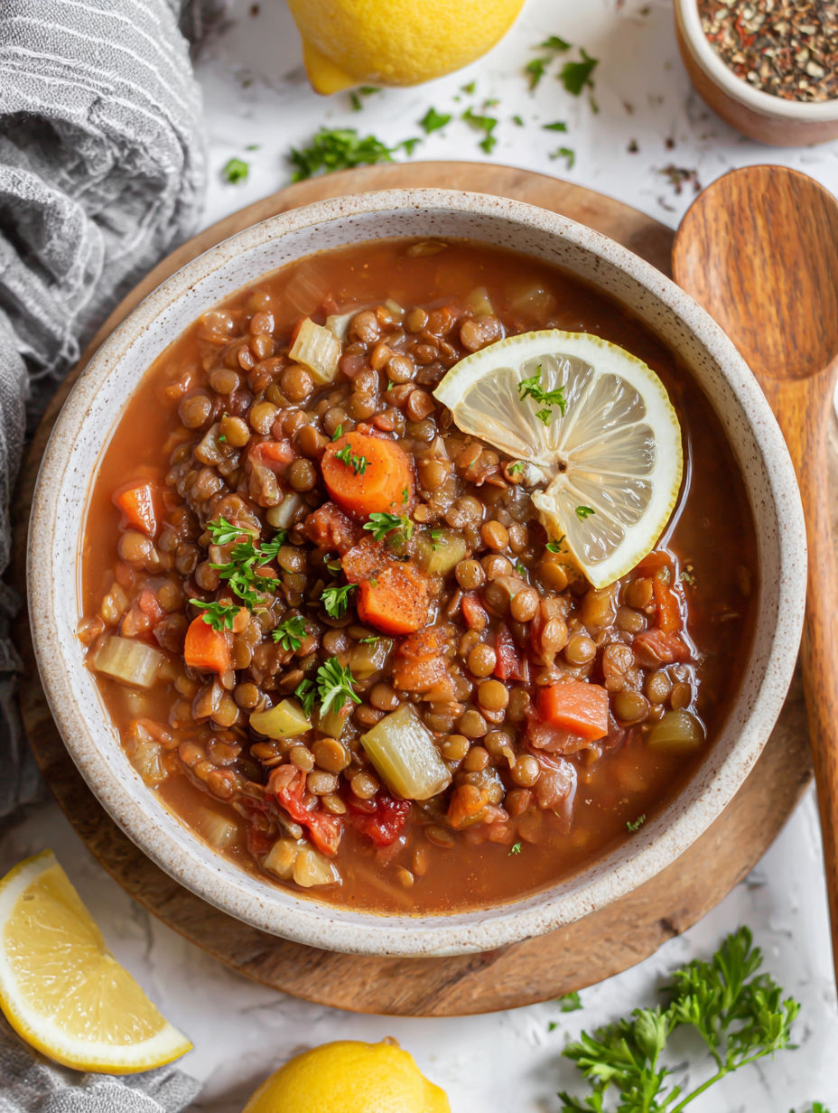 A bowl of lentil soup with a lemon wedge on top.