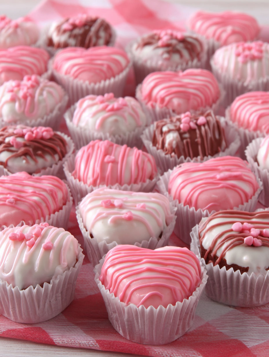 Pink and white heart shaped cupcakes.