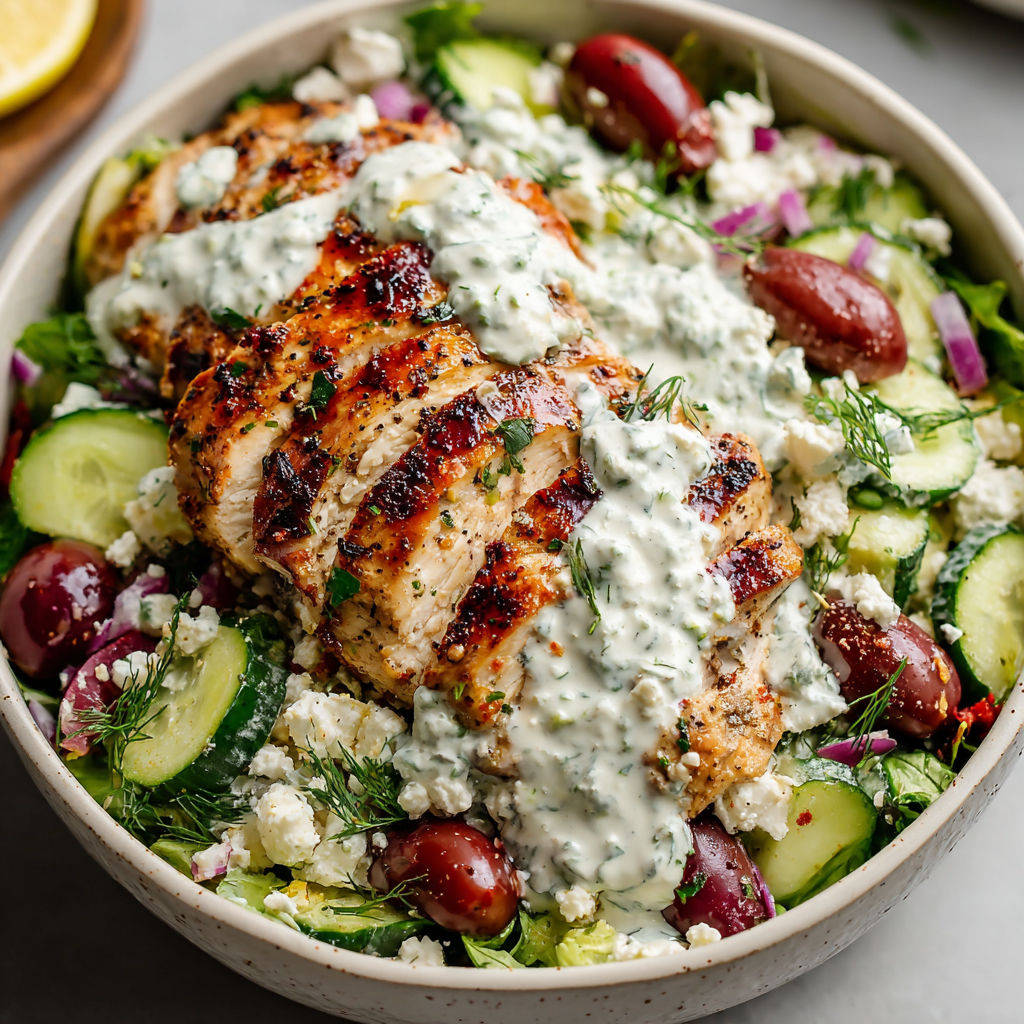 A bowl of chicken salad with vegetables.