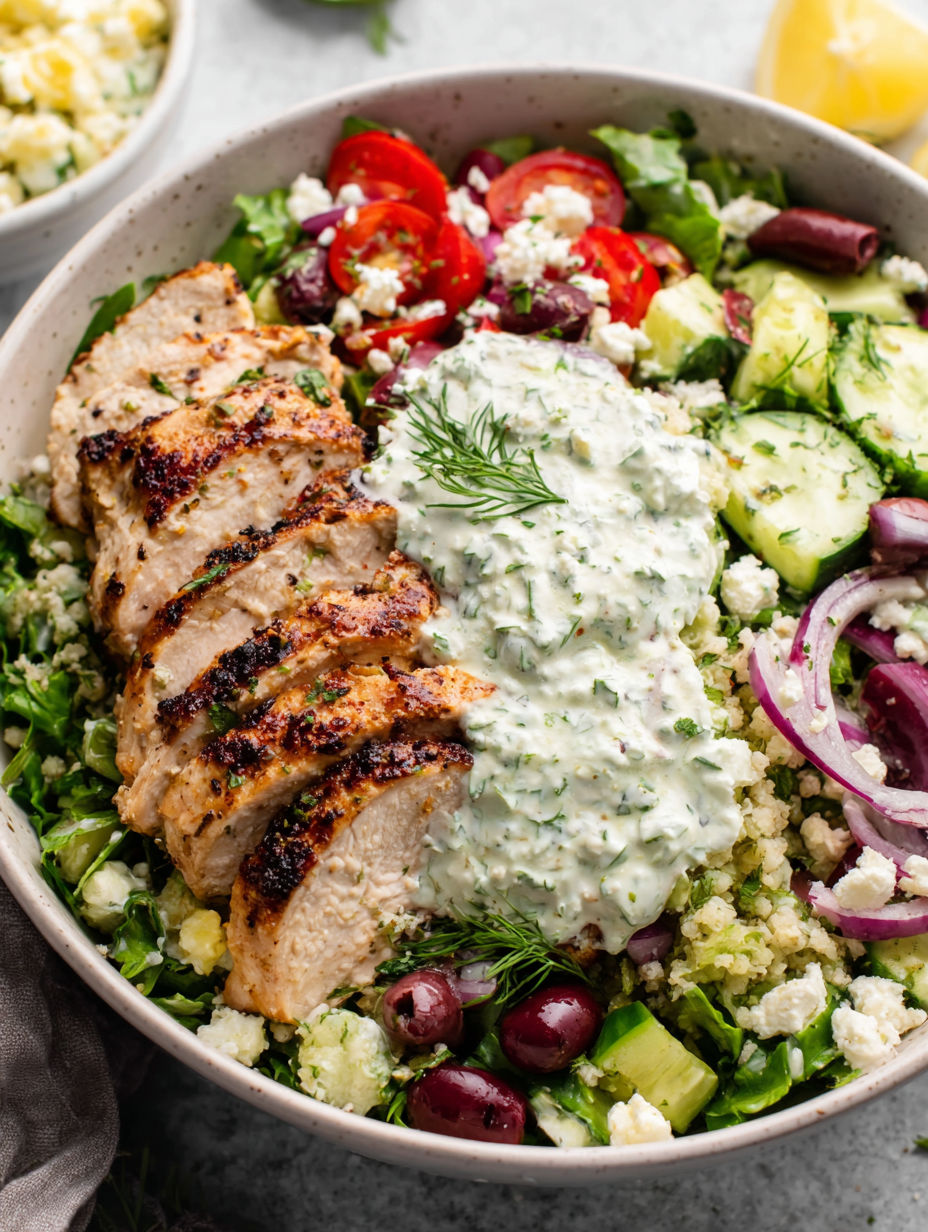 A bowl of chicken salad with tomatoes, cucumbers, and feta cheese.