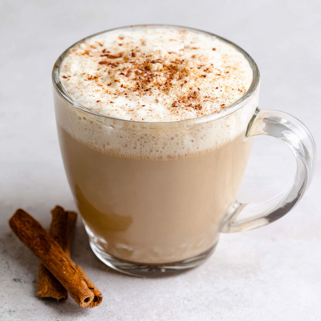 A glass of cinnamon roll protein latte.