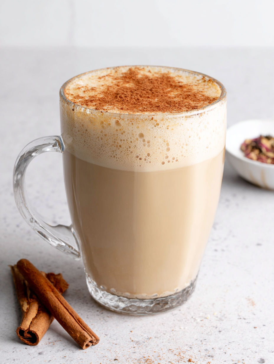A glass of a cinnamon roll protein latte.