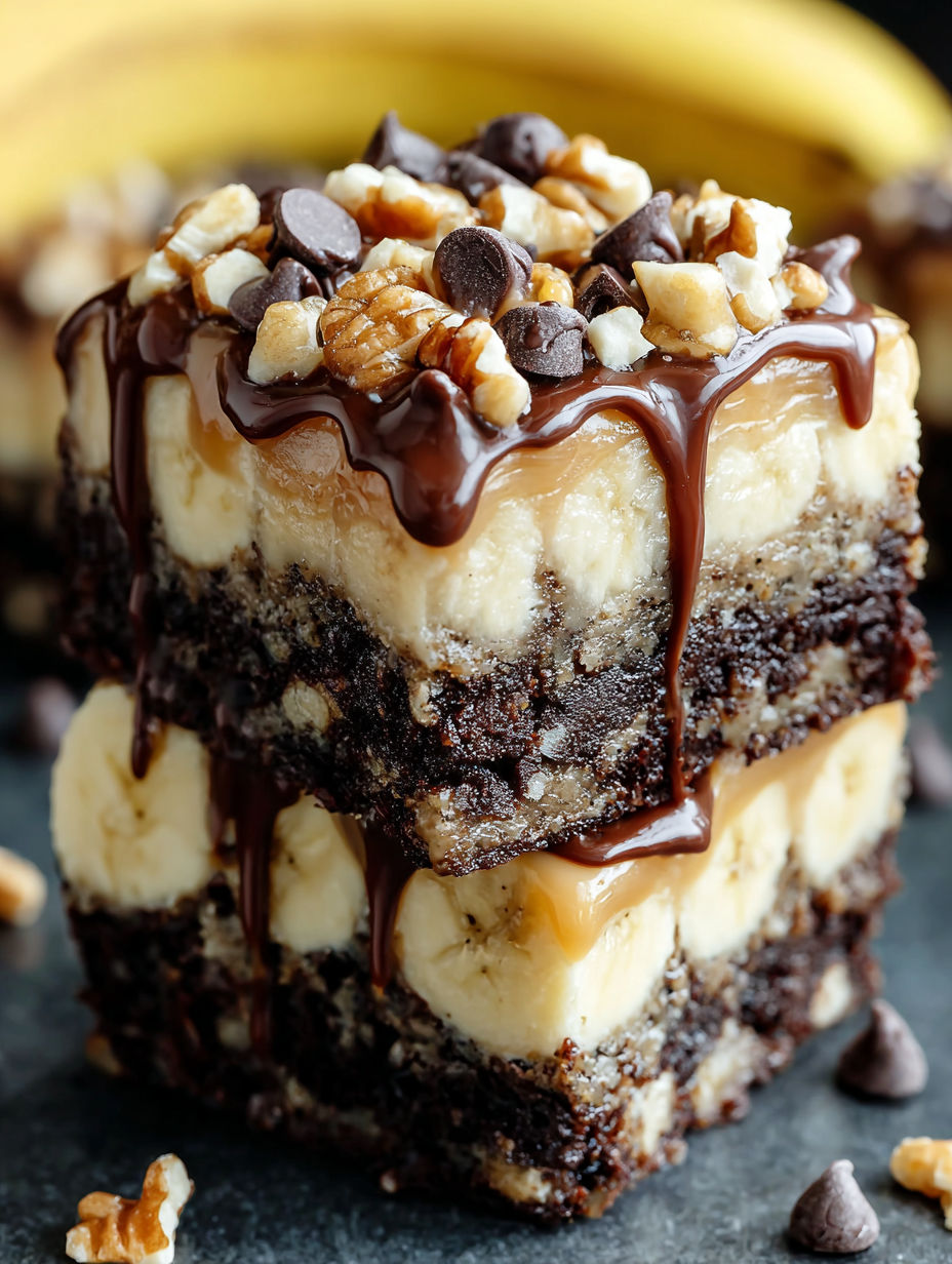 A slice of banana bread brownies with chocolate drizzle.