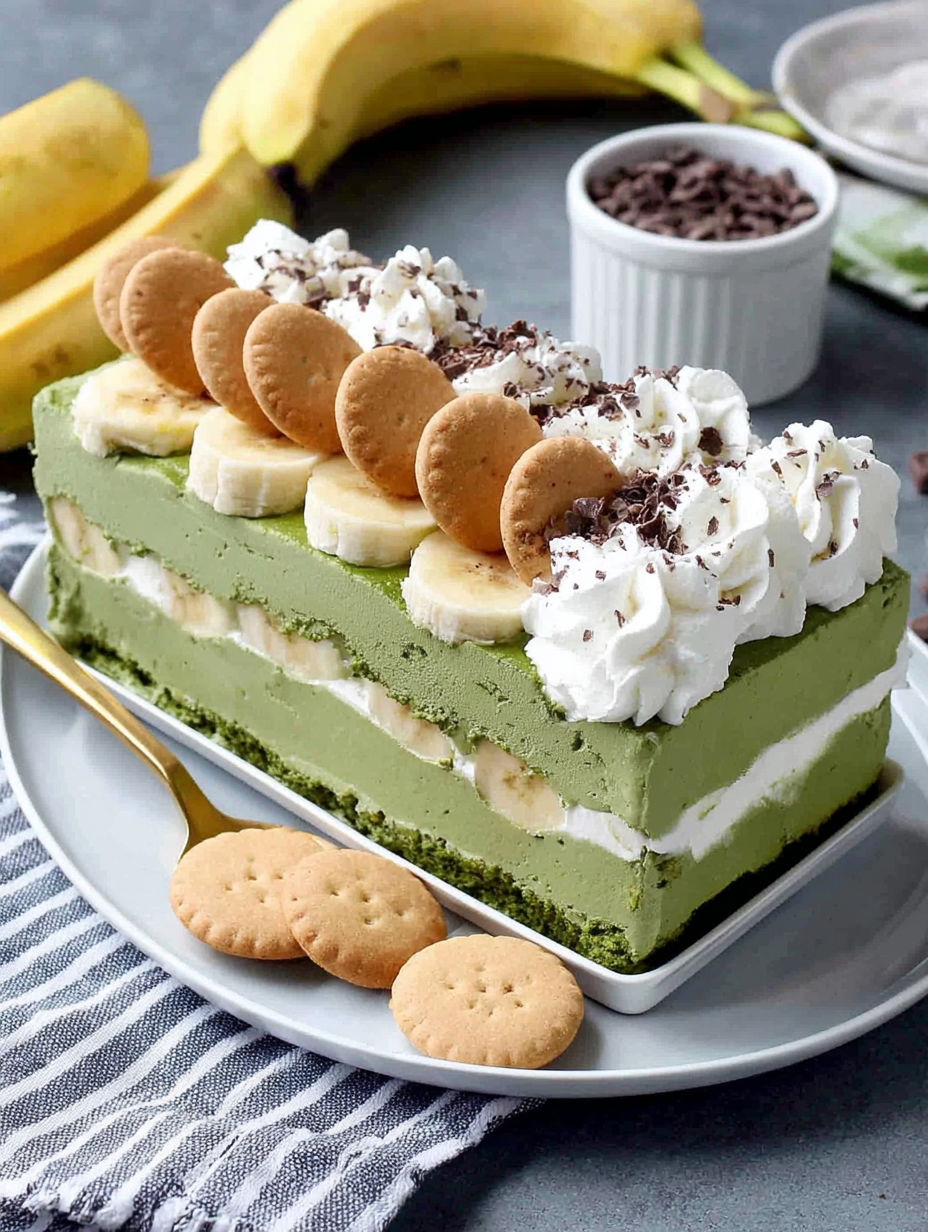 A slice of banana pudding with cookies on the side.