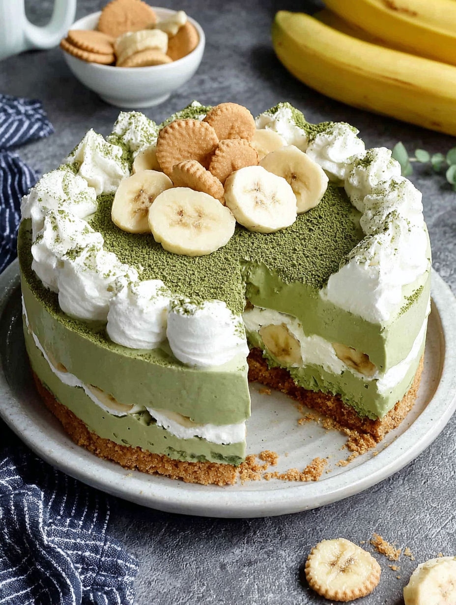 A slice of green tea banana pudding.