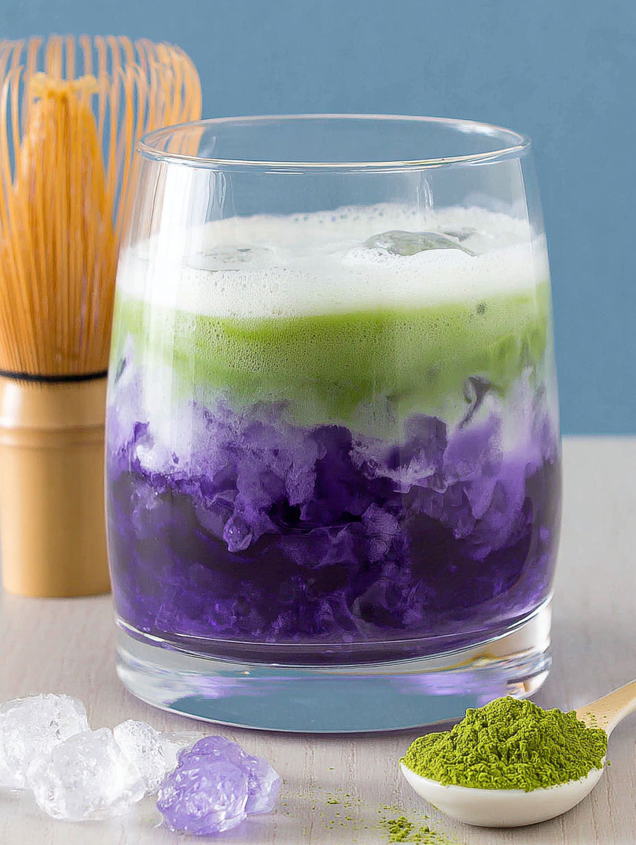 A glass of purple drink with a wooden spoon next to it.