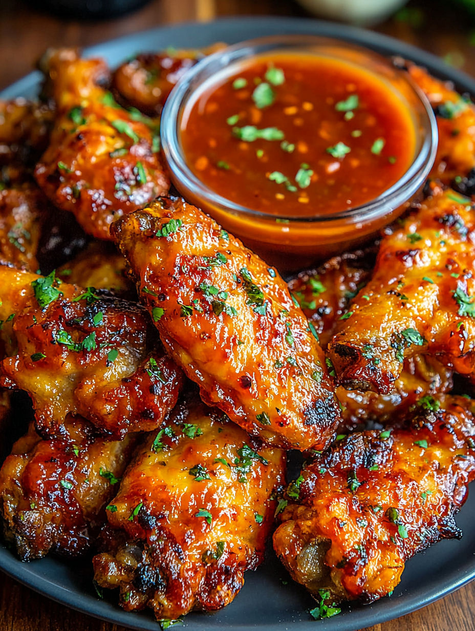 A plate of juicy chicken wings with a dipping sauce.