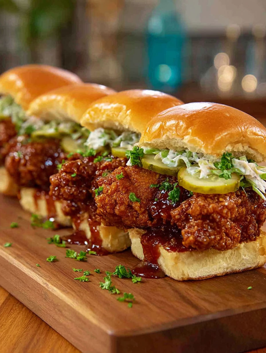 Nashville Hot Chicken Sliders on a wooden board.