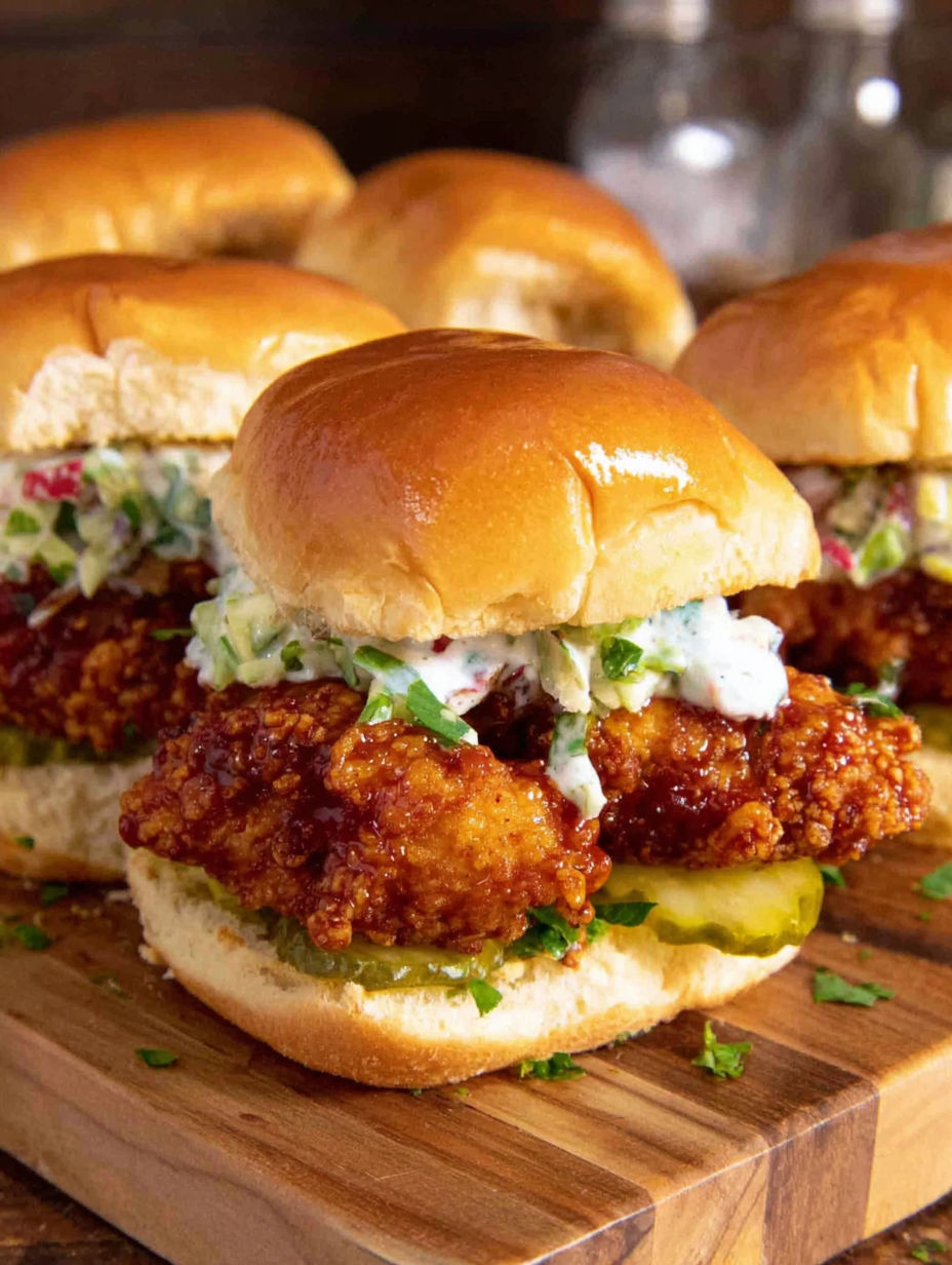 A close up of a Nashville Hot Chicken slider.