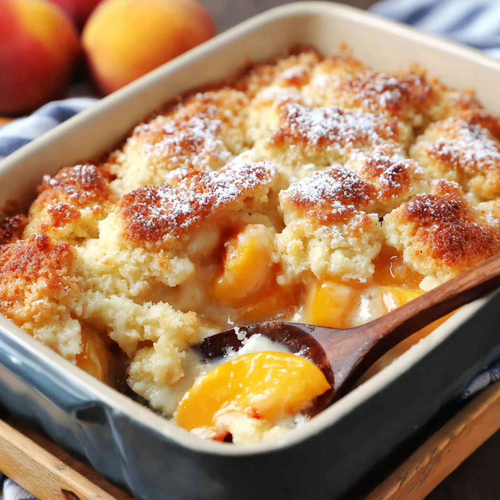 A bowl of peach cobbler with a wooden spoon in it.