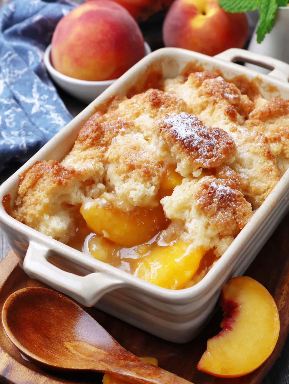 A bowl of peach cobbler with peaches in it.
