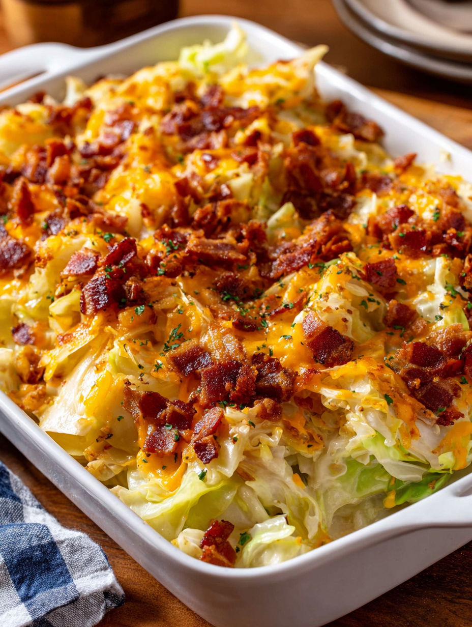 A creamy cabbage casserole with bacon.