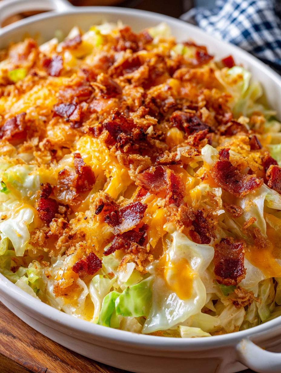 A creamy cabbage casserole with bacon recipe.