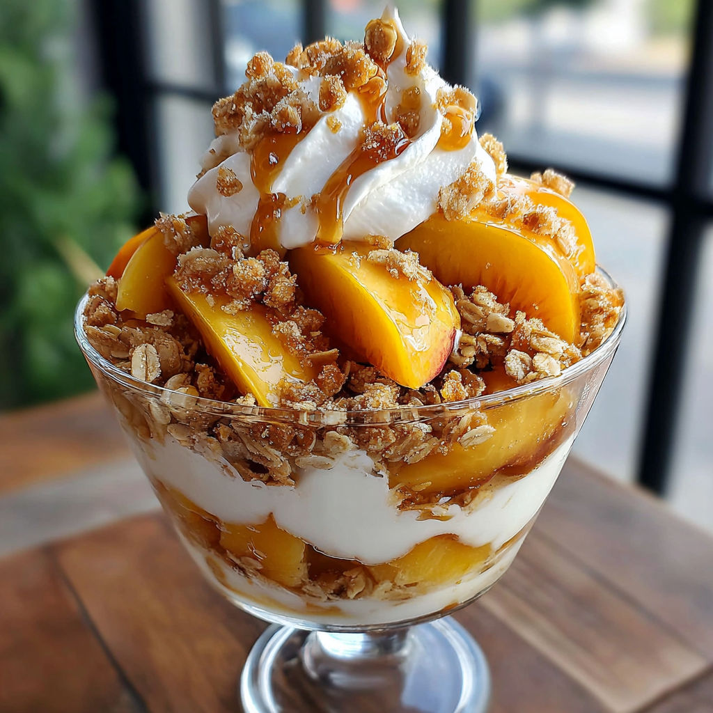 A glass of peach cobbler parfait with whipped cream.