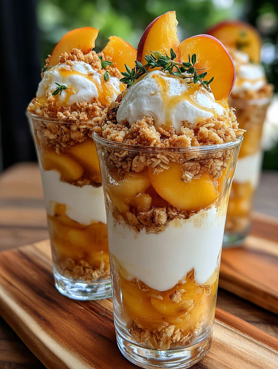 A glass of peach cobbler parfait with a spoon in it.