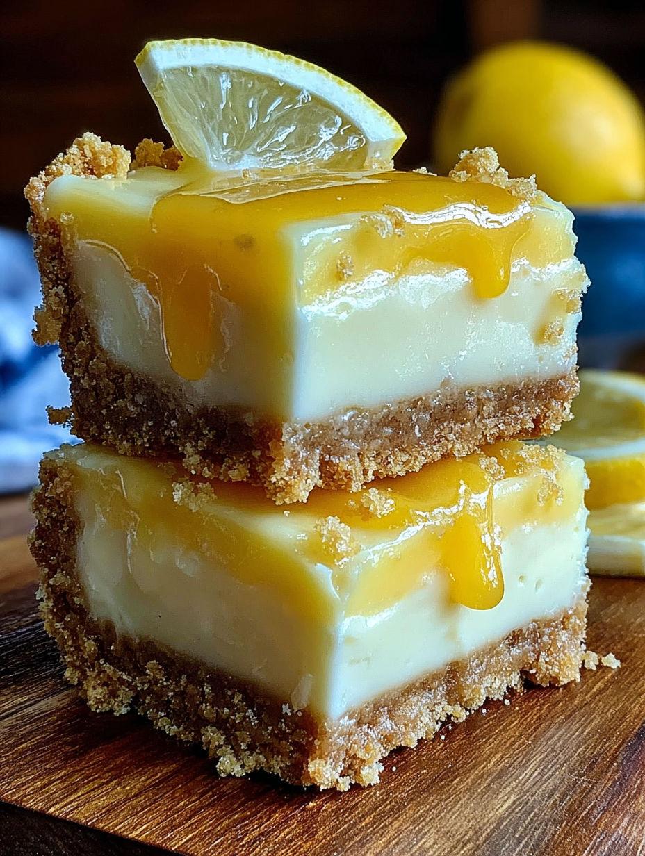Three pieces of creamy lemon curd cheesecake bars.