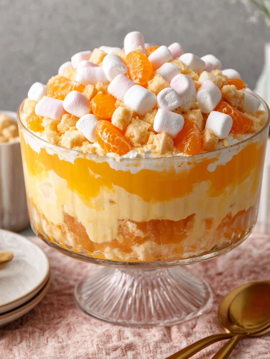 A glass bowl filled with a dessert made with mandarin oranges and marshmallows.