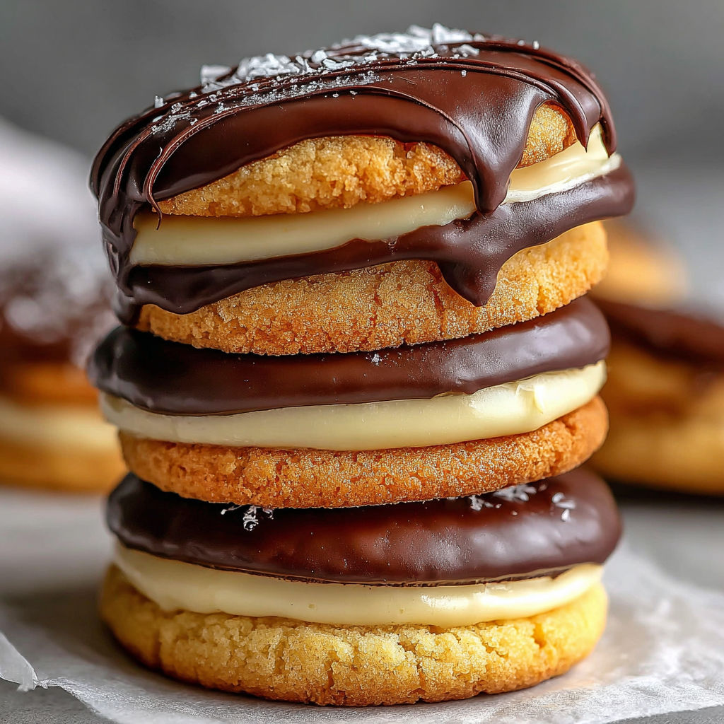 A stack of cookies with chocolate icing.