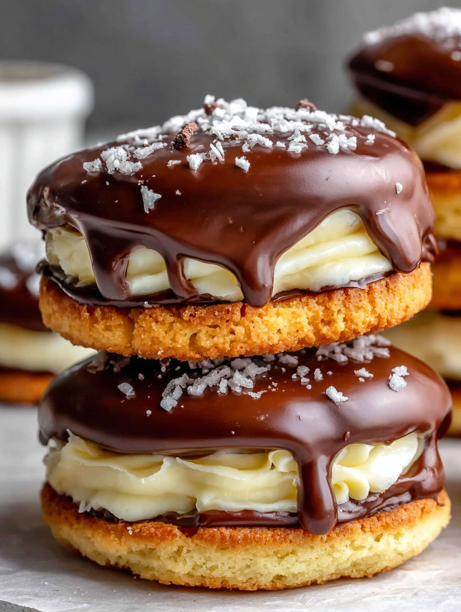 Two chocolate cookies with white frosting and chocolate drizzle.