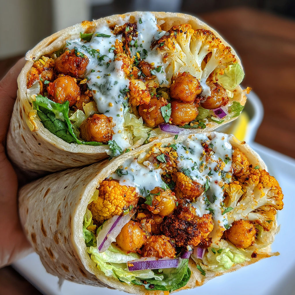 A person is holding a wrap with chickpeas, cauliflower, and lime.