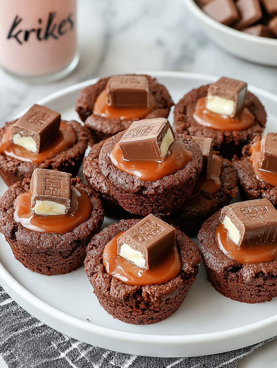 A plate of chocolate brownies with mini candy bars on top.