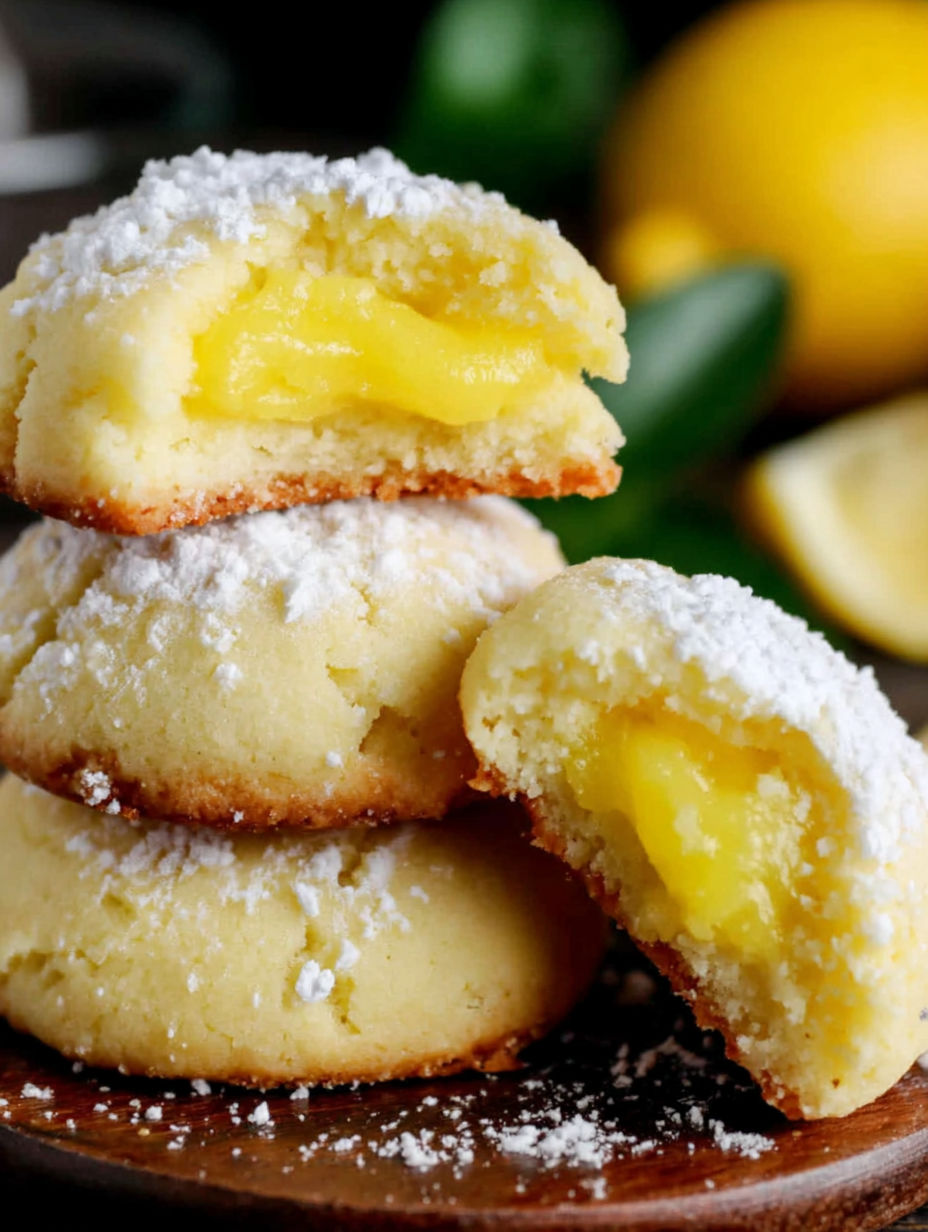 Lemon curd cookies stacked on a table.