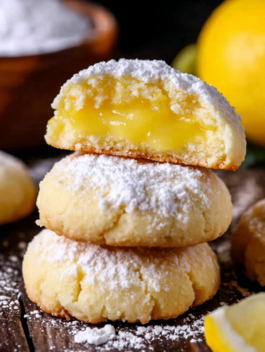 Lemon curd cookies stacked on a table.
