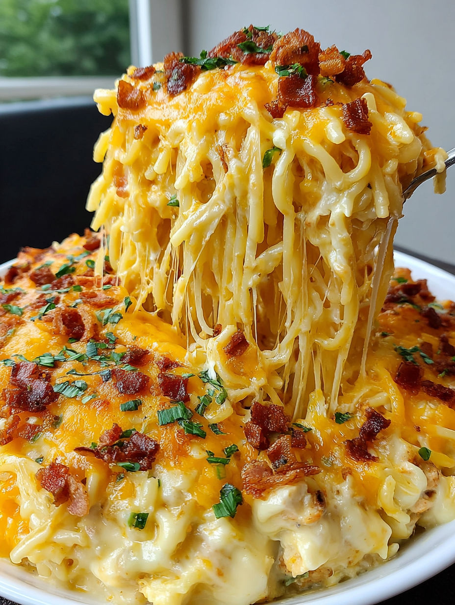A spaghetti dish with cheese and bacon.