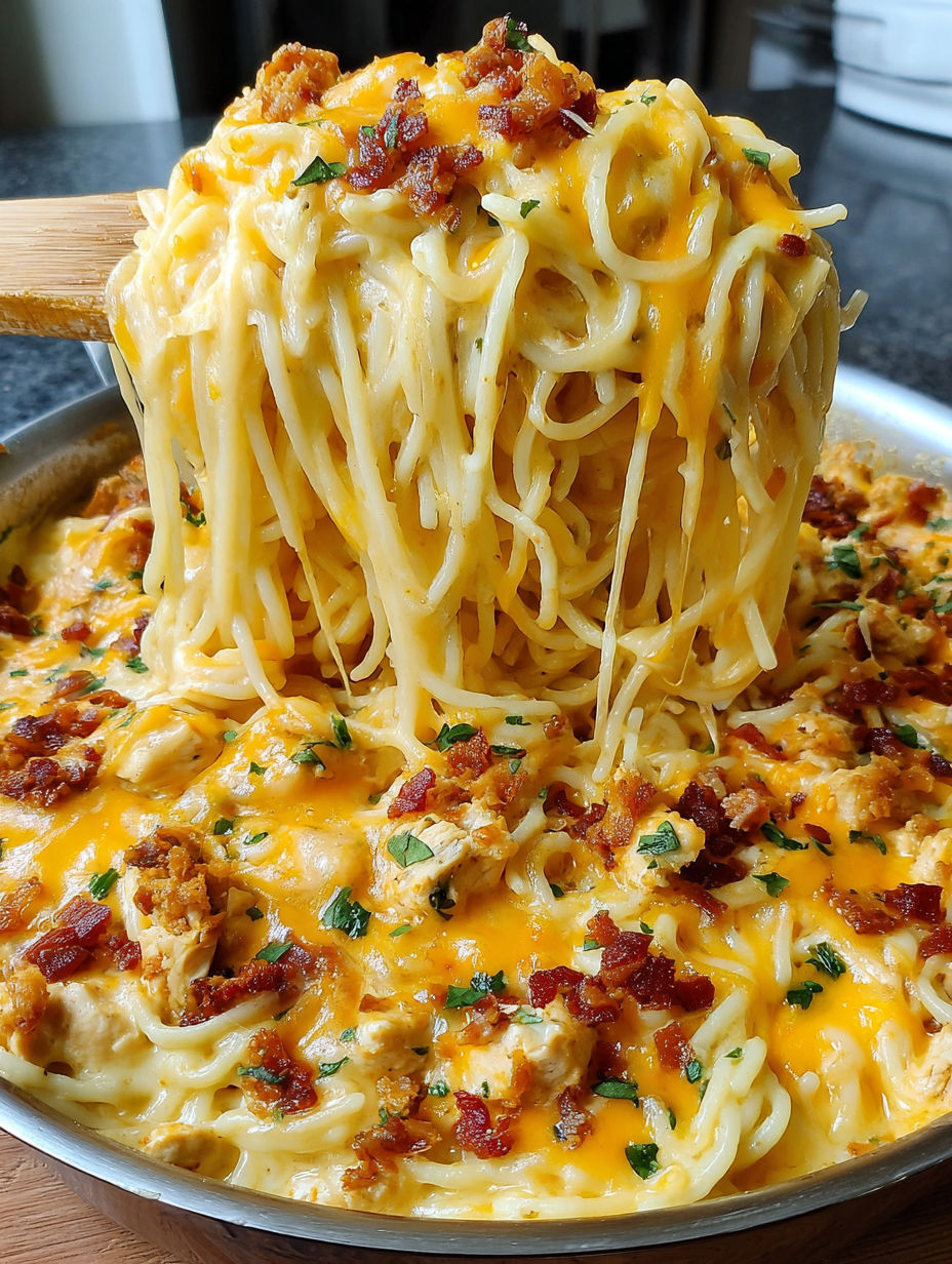 A spaghetti dish with cheese and bacon.