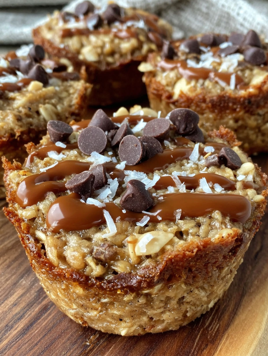 A close up of a chocolate covered peanut butter protein oatmeal cup.
