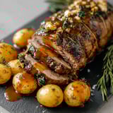 A roast beef dinner with potatoes and herbs.