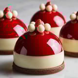 Red and white cake with strawberries on top.