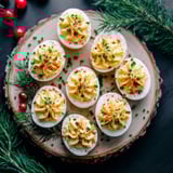A plate of deviled eggs with red peppers.