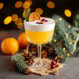 A glass of orange juice with a slice of orange and a cherry on top.