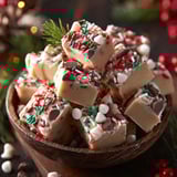 A bowl of Christmas fudge with white and red sprinkles.