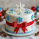 A white cake with blue and white snowflakes on it.