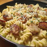 A delicious creamy pepper jack chicken and sausage pasta dish.