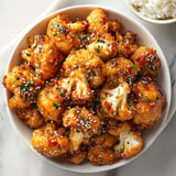 A bowl of cauliflower with a sweet chili sauce.