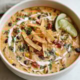 A bowl of creamy chicken tortilla soup.