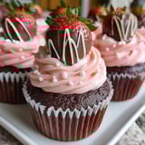Chocolate covered strawberry cupcakes on a plate.