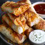 A plate of spicy buffalo chicken egg rolls.