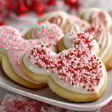 A plate of Mickey Mouse cookies with red and white sprinkles.