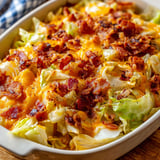 A creamy cabbage casserole with bacon.