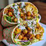 A person is holding a wrap with chickpeas, cauliflower, and lime.
