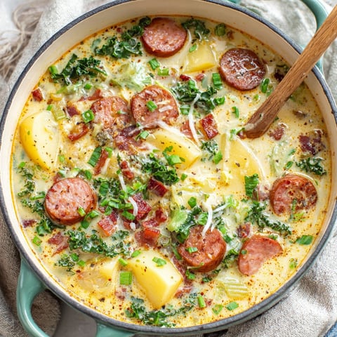 A bowl of soup with sausage and potatoes.