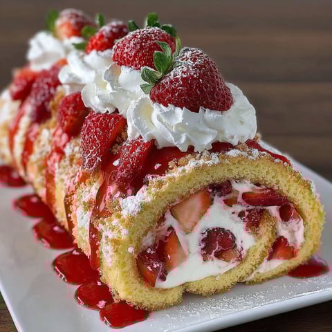 A delicious dessert roll with strawberries and whipped cream.